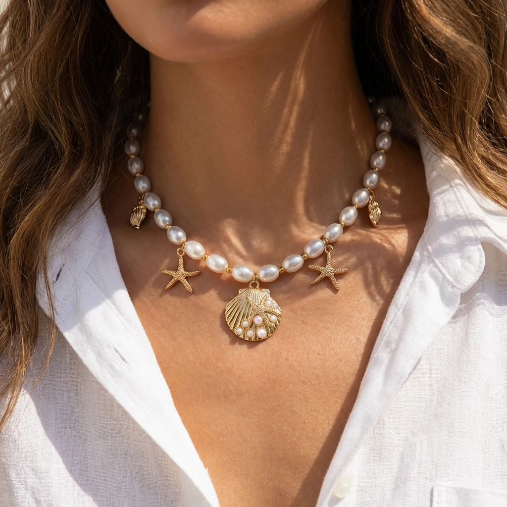 Elegante Imitationsperlen-Kettenkette für Frauen Boho Metall-Muschel-Seestern-Anhänger Halskette Exquisiter Sommerschmuck – Detail 2