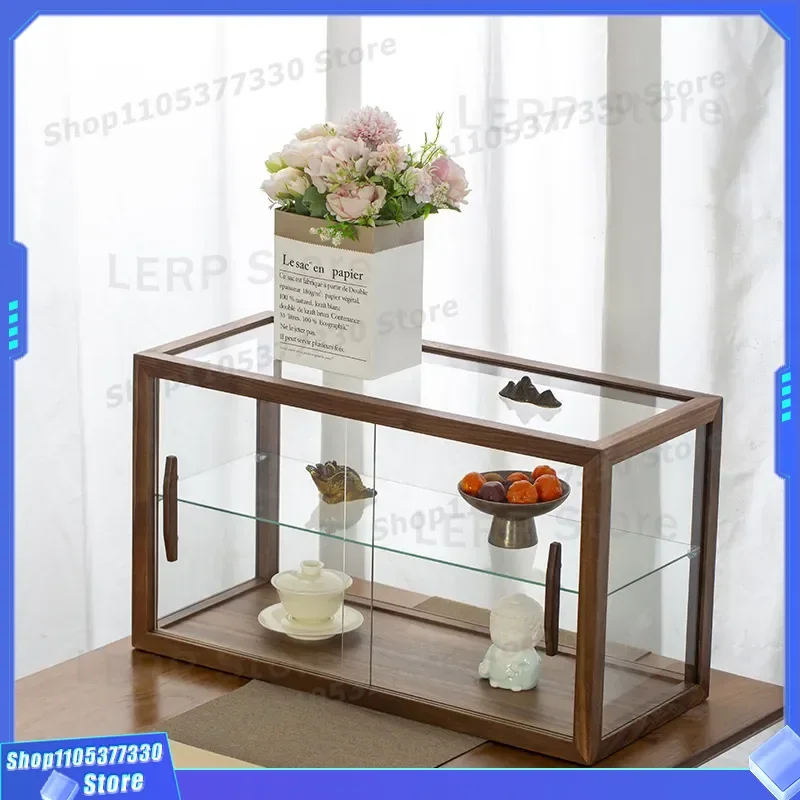 North American Black Walnut Tea Ceremony Glass Storage Cabinet for Teapot Cup Set Display Shelf Wenwan Ornament Showcase