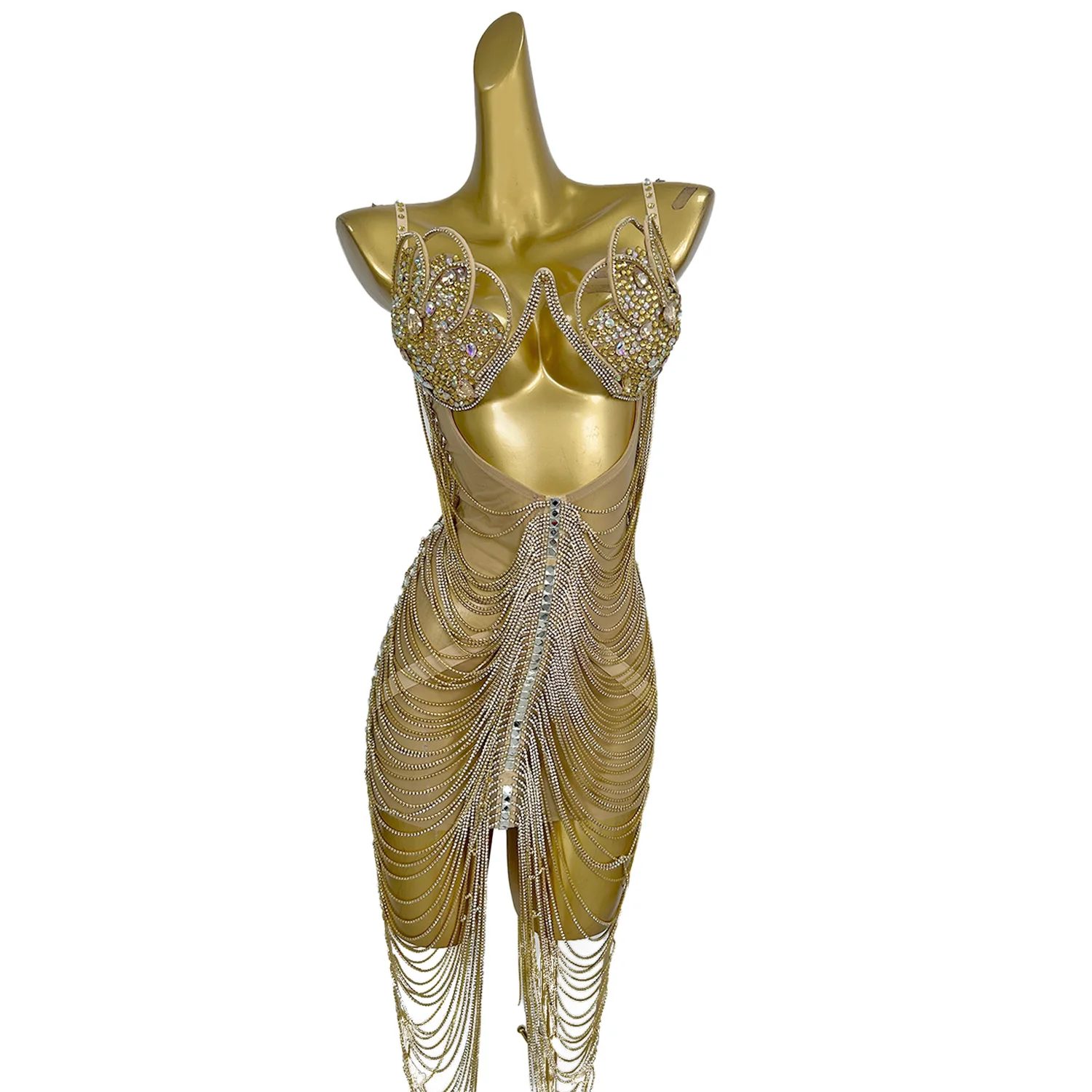 سباركلي حجر الراين شرابة شبكة Bodycon فستان قصير غاسل سلاسل فستان قصير مثير المرأة نادي مرحلة الأداء الرقص الزي