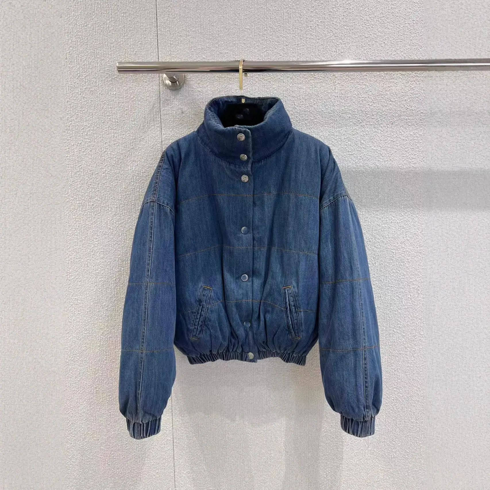 

Fashionable Thickened Denim down Jacket Stand Collar Water Washed Early Spring New Style Women's Warm Ultra-Thick Short Coat