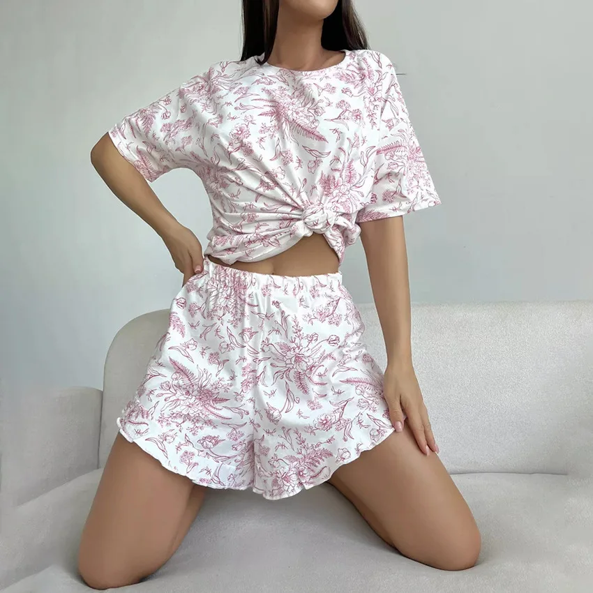 

2024 Autumn Printed Sleepwear Round Neck Short Sleeve Ruffled Shorts Pajamas 2PCS Set Soft Comfortable Home Wears 2Pcs Nightwear