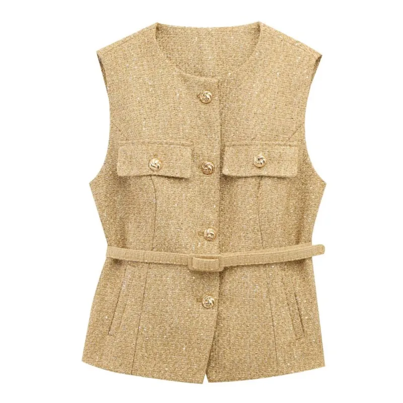 

2025 Autumn Women's New Stylish Vest Belted Sequin-Embellished Textured Sleeveless Jacket Elegant Daily Casual Vest Tops