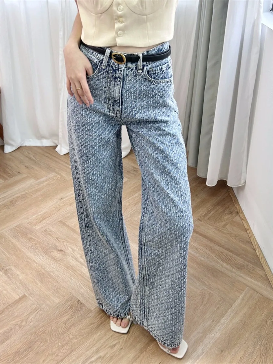 Jean Taille Haute en Denim pour Femme, Pantalon Long Droit et Décontracté avec Décoration en Strass, Printemps 2024