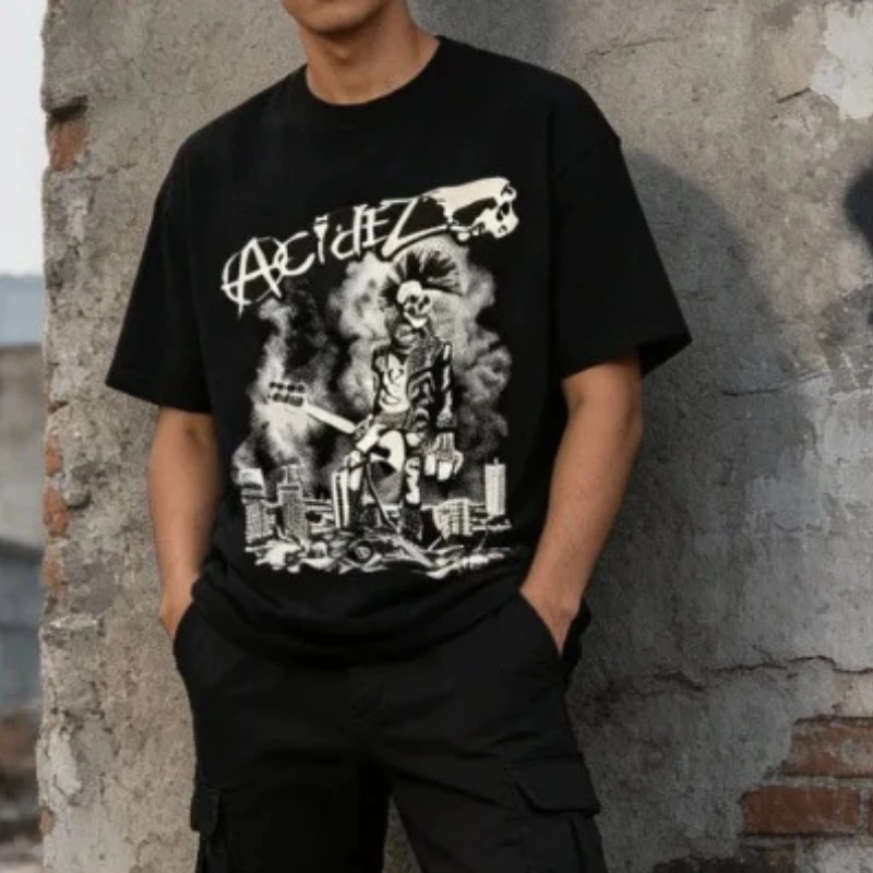 Punk Grunge Streetwear Vintage Skeleton Print Tshirt Women Gothic Rocker Graphic Short Sleeve Y2K Harajuku Aesthetic Tees Unisex