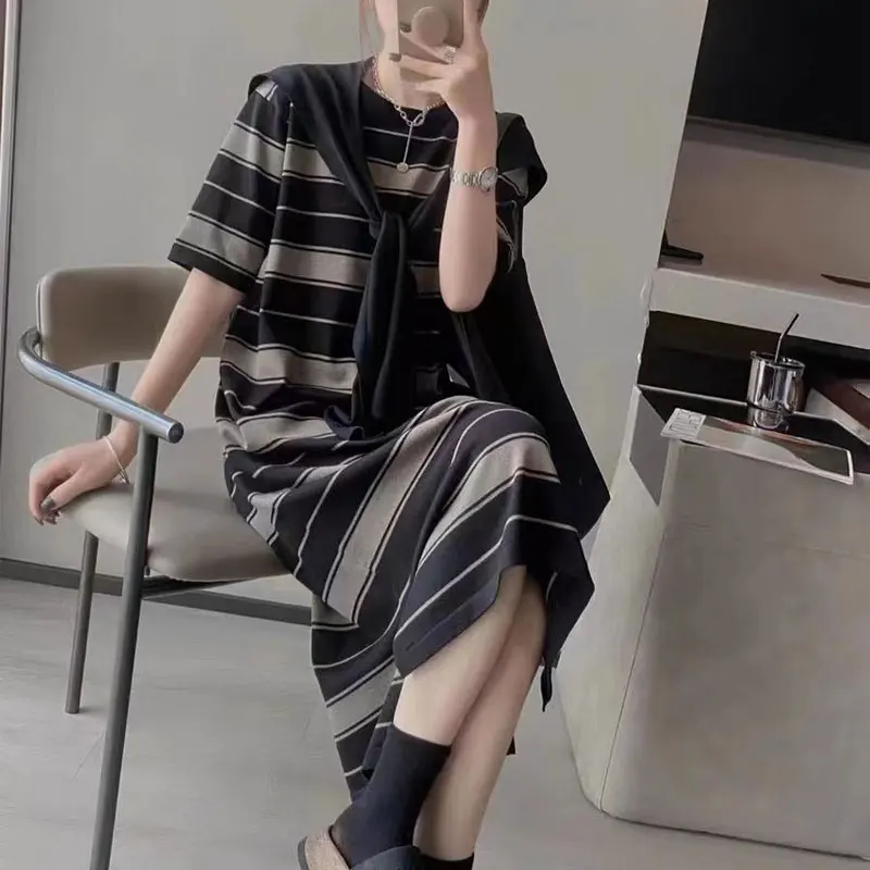 

Summer Korean Striped Dresses Vintage Loose Contrasting Colors Women's Clothing Fashionable Shawl Bandage Straight Long Dress