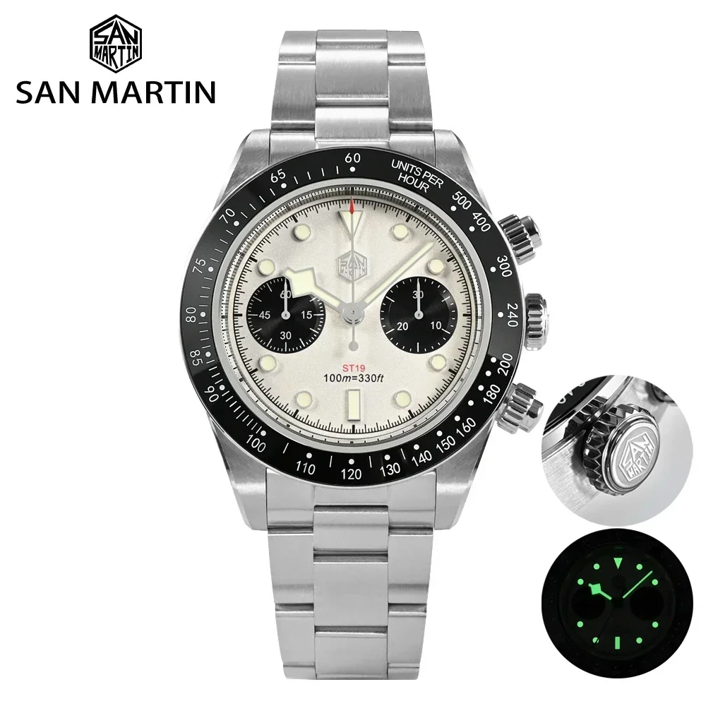 

San Martin Watch Mens New 40mm Panda BB Chronograph Sports Fashion Style ST1901 Manual Mechanical Sapphire Waterproof 100M BGW-9