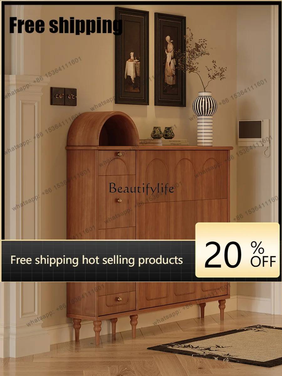 LX French Retro Medieval Small Apartment Entrance Cabinet Solid Wood American Ultra-thin Shoe Cabinet