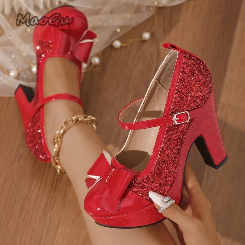

Women's Red Glitter Mary Jane Platform Heels Bow Round Toe Chunky Block Heel Pumps Sexy Ladies Cosplay Shoes Сандали Женские