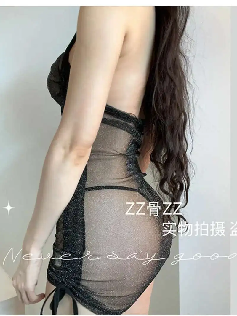 新しい V ネックセクシーなフェミニンな透明プリーツレースアップぶら下げネックサスペンダードレスエレガントなメッシュレース甘い女性トップス