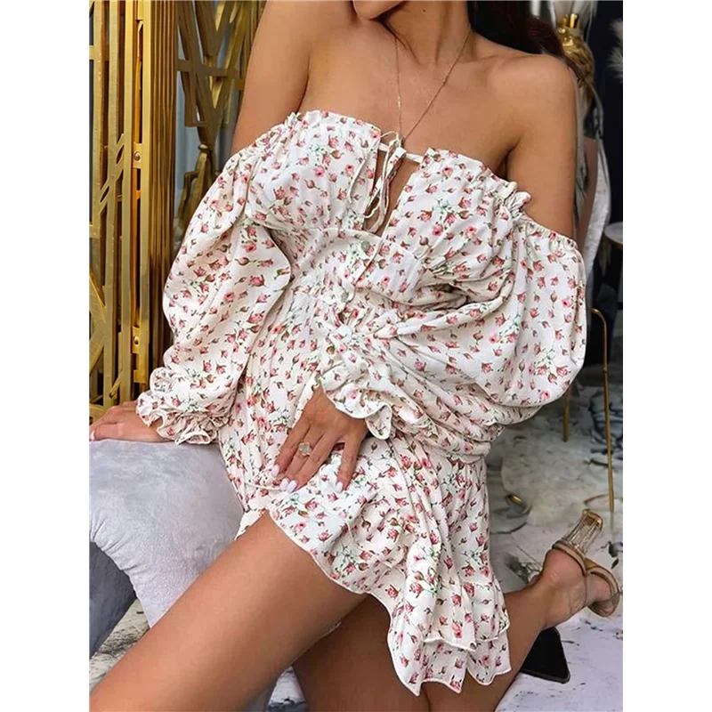 ABRT-Women's Floral Off Shoulder Puff Sleeve Short Dress Boho Frill Trim A Line Mini Dresses White S