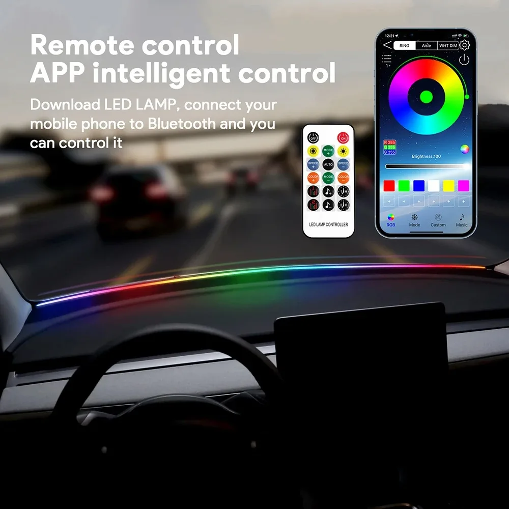 

59in/150cm LED Car Ambient Light Front Windshield Dashboard 64RGB Symphony Interior Acrylic Auto Atmosphere Lamp App/USB Control
