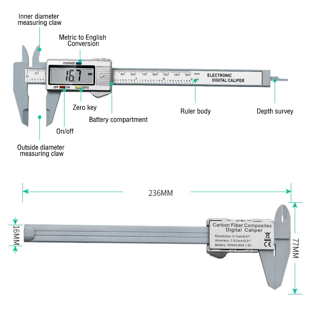 Caliper Vernier Digital com Tela Grande, Régua de Medição Eletrônica, Ferramenta de Carpintaria, 100mm, 150mm