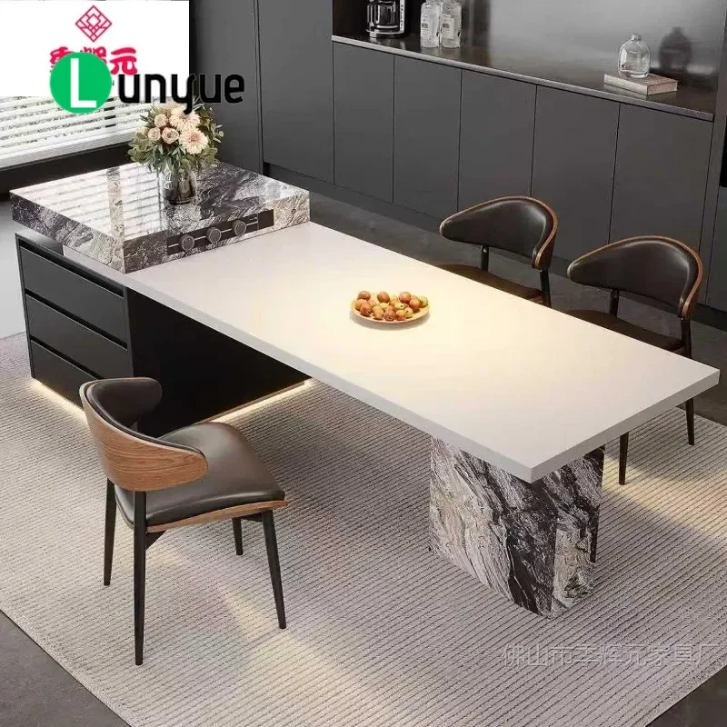 Luxury Italian Stone Slab Island Table Retractable Multi Functional Kitchen Counter for Villa High End Integrated Furniture