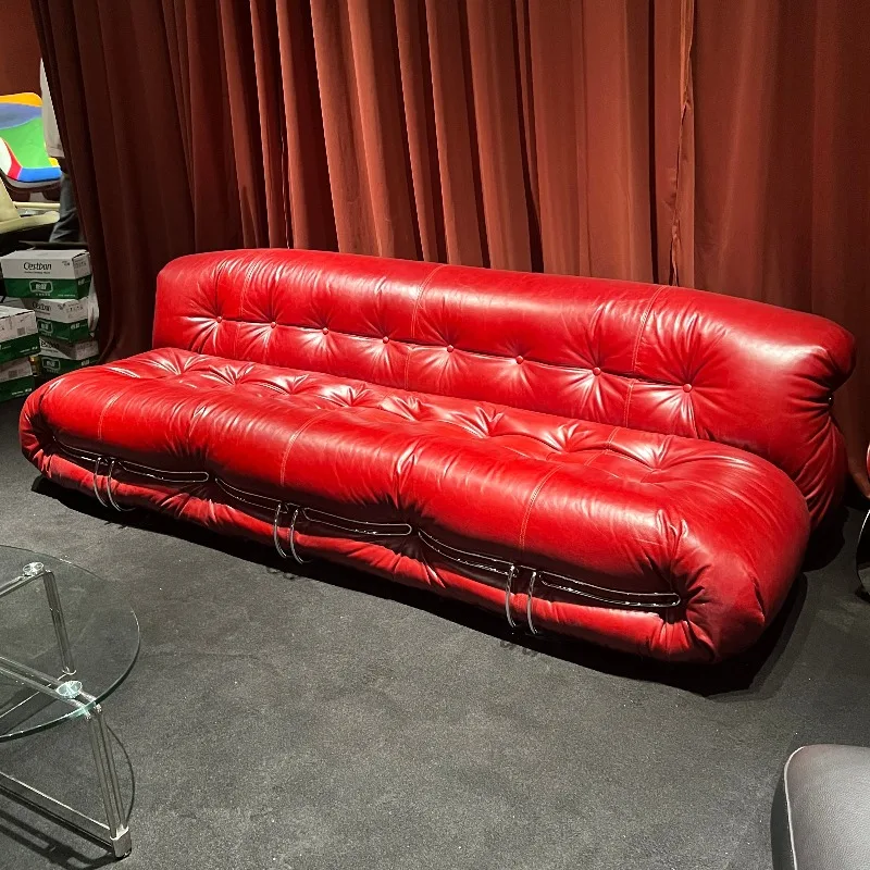 

Medieval hippo sofa retro oil wax leather living room straight row leather American creative lazy designer sofa