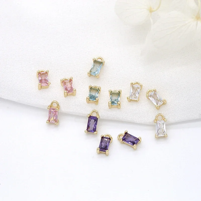 6Pcs Gold Plated Brass Rectangle Zircon Crystal Pendant Charms 4 Prongs Glass For Diy Earrings Bracelet Jewelry Making Findings