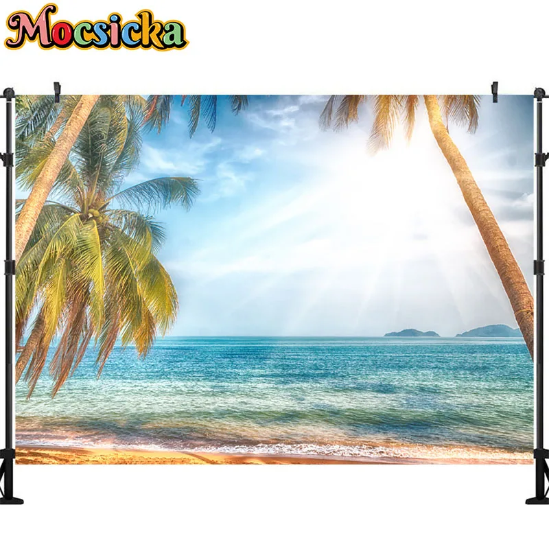 Mocsicka Summer Seaside Sandy Beach Photography Backdrop Palm Tree Hawaiian Party Holiday Background Photo Booth Studio Props