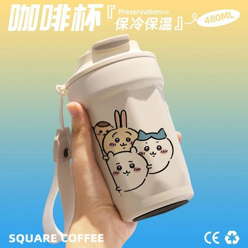 Chiikawa Insulated Coffee Cup Stainless Steel Thermal Mug Cold Hot Portable Travel Tumbler with Lanyard Cute Anime cup