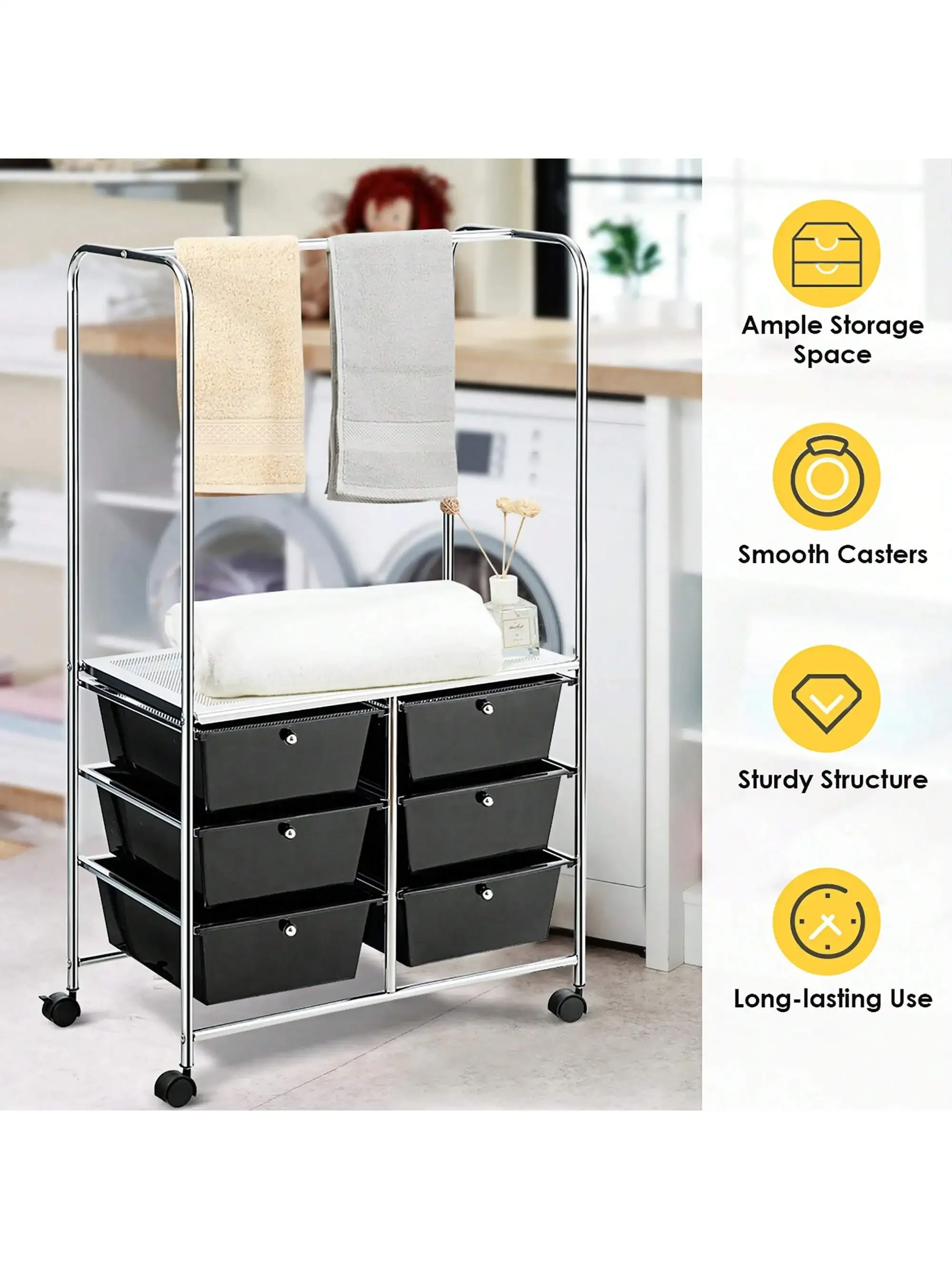 

6 Drawer Rolling Storage Cart w/Hanging Bar Office School Organizer storage drawers, Storage Shelf