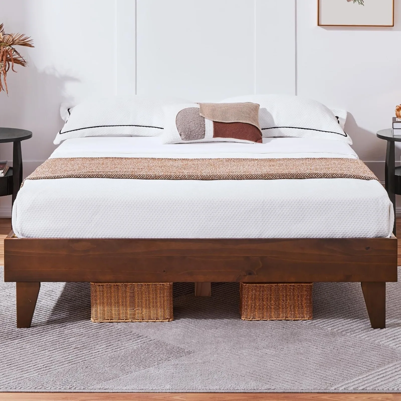 US Queen Solid Pine Wood Platform Bed Frame - Reserved Holes for Headboard, Wooden Slats Support, 7.5