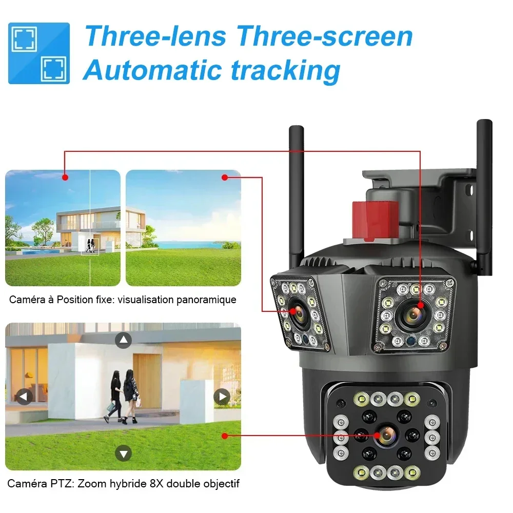 PEGATAH 6MP Three Lens WIFI PTZ Camera 4K Three Screens Outdoor AI Human Auto Tracking Security IP CCTV Surveillance Cameras