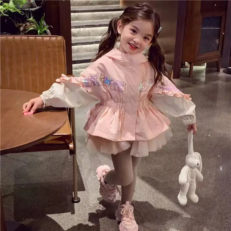 Cute Hooded Trench Coat Kids Pink Dresses Jackets for Girls 2-11Years Toddler Infant Fall Jacket Girls Outwear 3 4 5 6 7 8 9 10