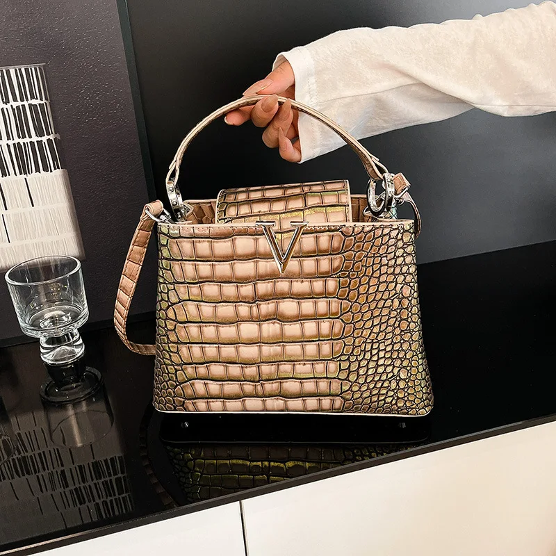 

​Vintage Crocodile Print Tote Bag, 2025 Women's Fashion Bucket Purse, Retro Crossbody Shoulder Bag, Chic & Roomy​