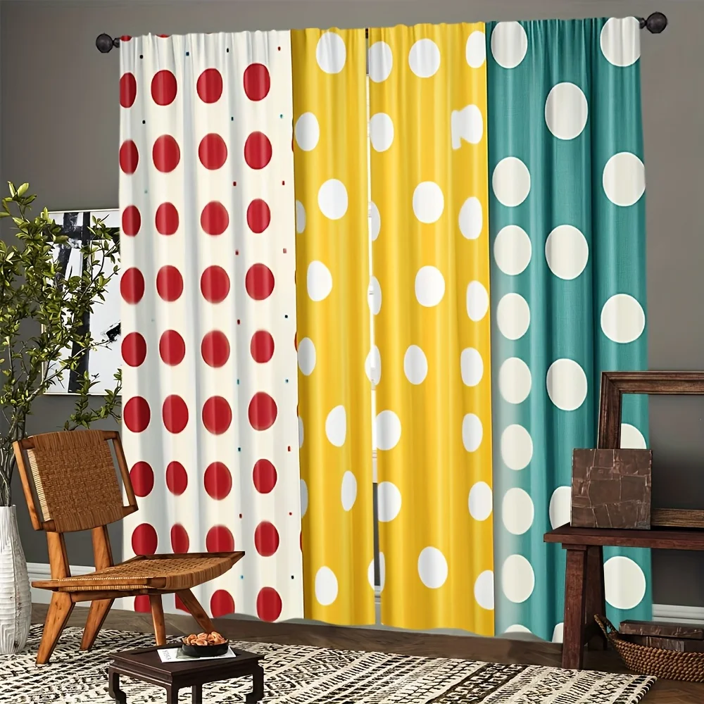 Three-color stitched polka dots Print Drapes Room Darkening Window Curtains for Home Decor,Rod Pocket Blackout Curtains Bedroom