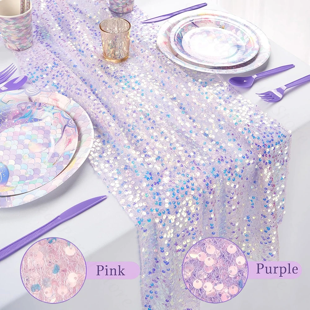 Glitter Iridescent Sequin Purple Table Runner Mermaid Party Pink Sparkly Table Runner Wedding Baby Shower Birthday Decorations