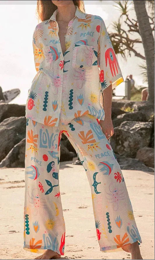 

2025 Summer Women New Single Bretted Lapel Short Sleeve Top and Wide Legs Trousers Set Printed Shirt Trousers Vacation Style Set