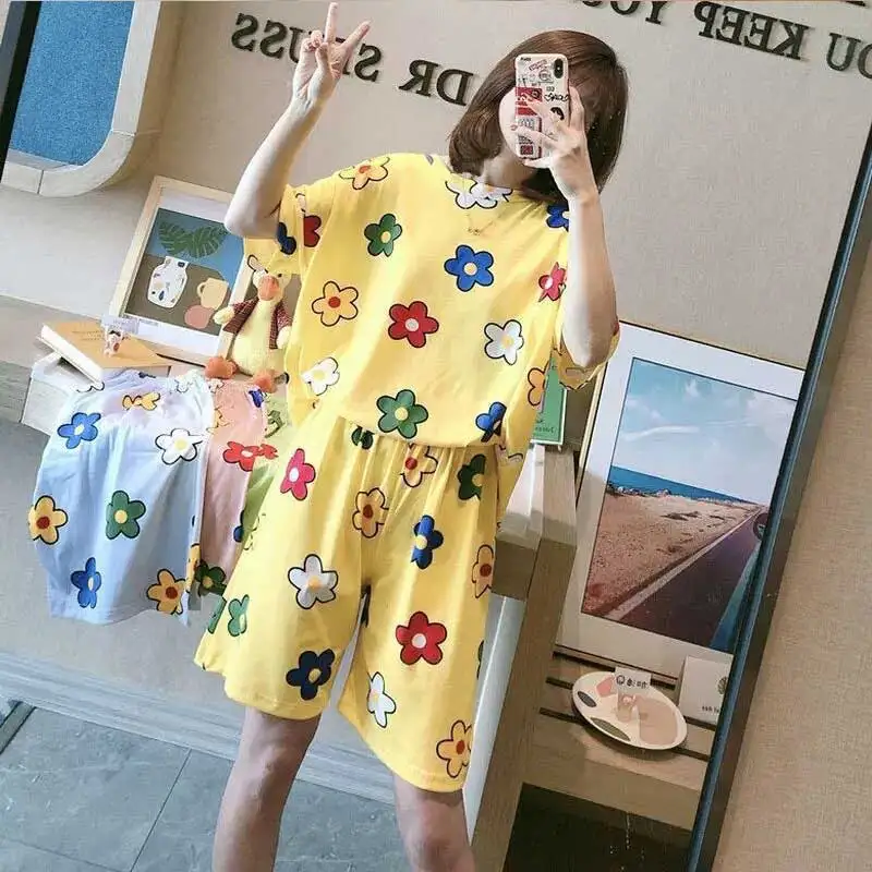 Women\'s Clothes Summer Loose Plus Size Sweet Students Short-sleeved Shorts Korean Version Can Be Worn Outside Home Wear Suit