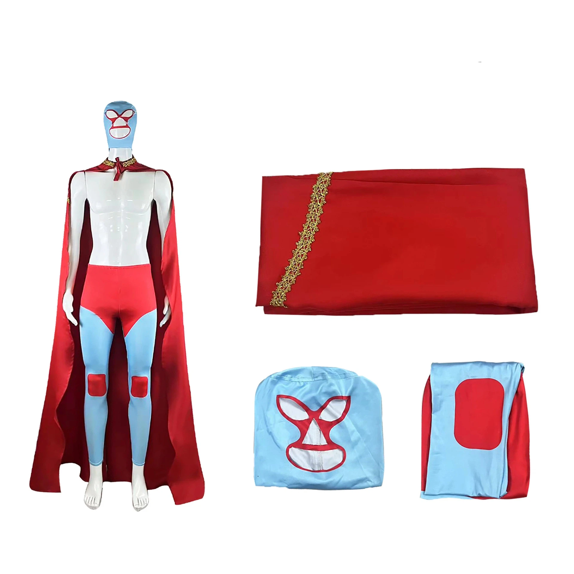 

Halloween Cosplay Costume, Mexican Wrestling Red and Blue Tight-fitting Pants Hand Shawl Cape Cosplay Stage Performance Costumes