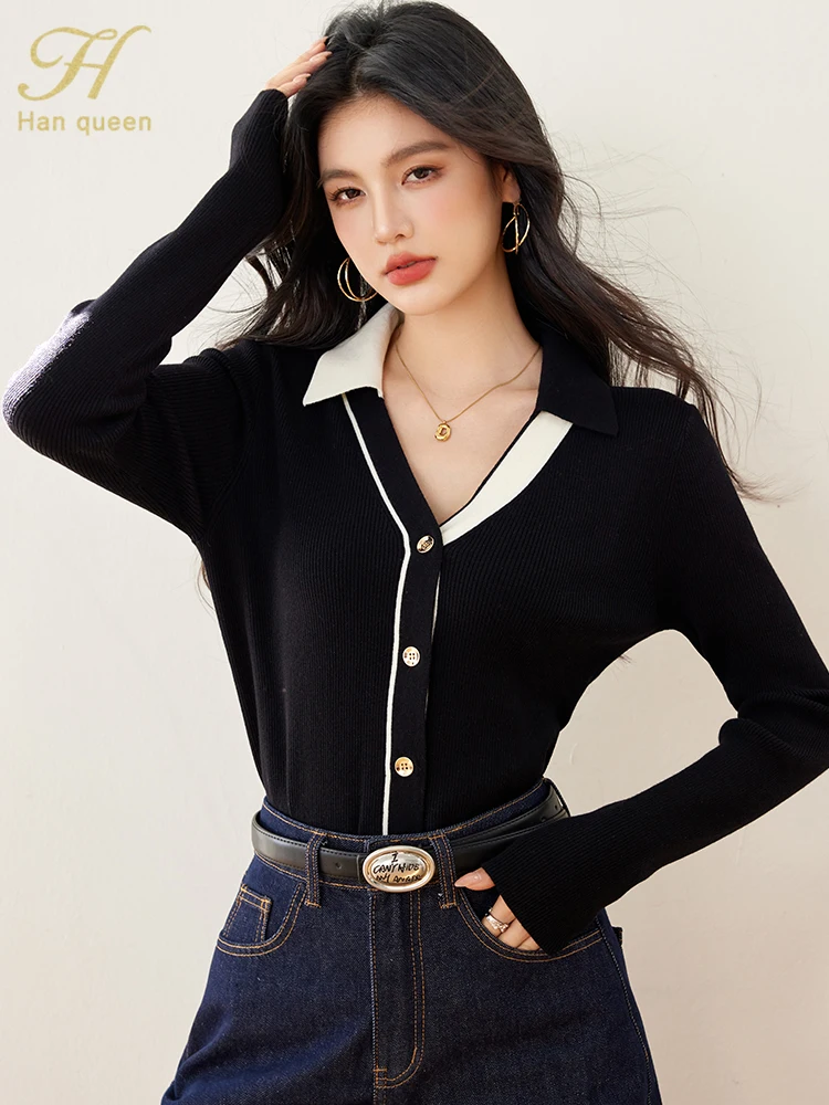 

H Han Queen 2025 Spring Black Splicing Sweater Long Sleeve Casual Knitted Pullover Sweaters Korean Style Basic Women's Clothing