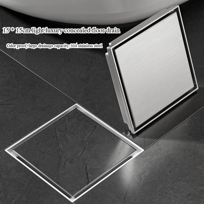 

15 * 15cm light luxury concealed floor drain 304 stainless steel bathroom invisible anti odor large floor drain