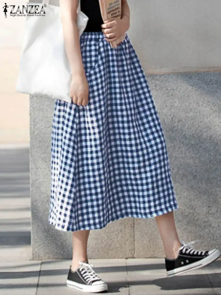 

ZANZEA Korean Bohemian Plaid Print Overskirt Women Swing Skirts 2024 Summer Holiday Elastic Waist Jupes Fashion Pocket Faldas