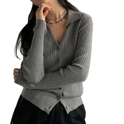 Women Slim Textured V Neck Polo Cardigan Sweater With Collar