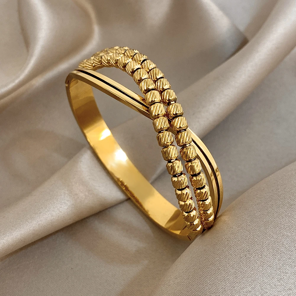 

Freetry Luxury Cross X-shaped Stainless Steel Wide Bracelet Women Vintage Irregular Square Beads Chunky Cuff Spring Bangle Gifts