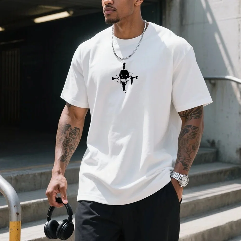 Whitebeard Pirates Print T-Shirt One Piece Edward Newgate Anime Casual Streetwear White Tee Men's and Women's Printed T-Shirts - Detail 1