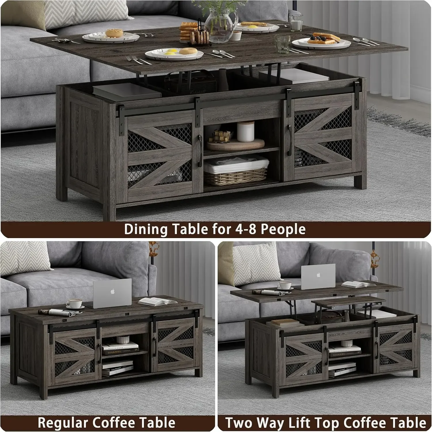 wanan 47.2" Lift Top Coffee Table, 4 in 1 Farmhouse Coffee Table with Sliding Barn Doors, Coffee Tables for Living