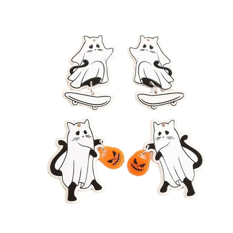 8Pcs Halloween Charms Creative Acrylic Pumpkin Lantern Skateboard Cats Ghost Pendant For Keychain Necklace Jewelry Diy Making