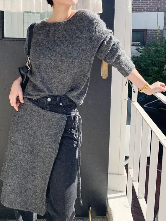 

Новое весеннее поступление, женский свободный длинный вязаный свитер свека с фартуком-комбинезоном, комплект из двух предметов, корейский тонкий материал