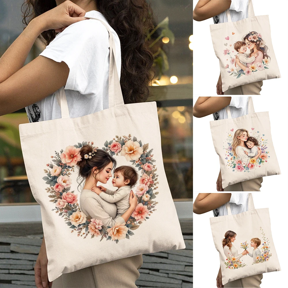 

Casual Mom Child Floral Wreath Pattern Girl Shopping Bag Mother Son Heart Lady Shoulder Handbag Parent Kid Women Shopper Bags