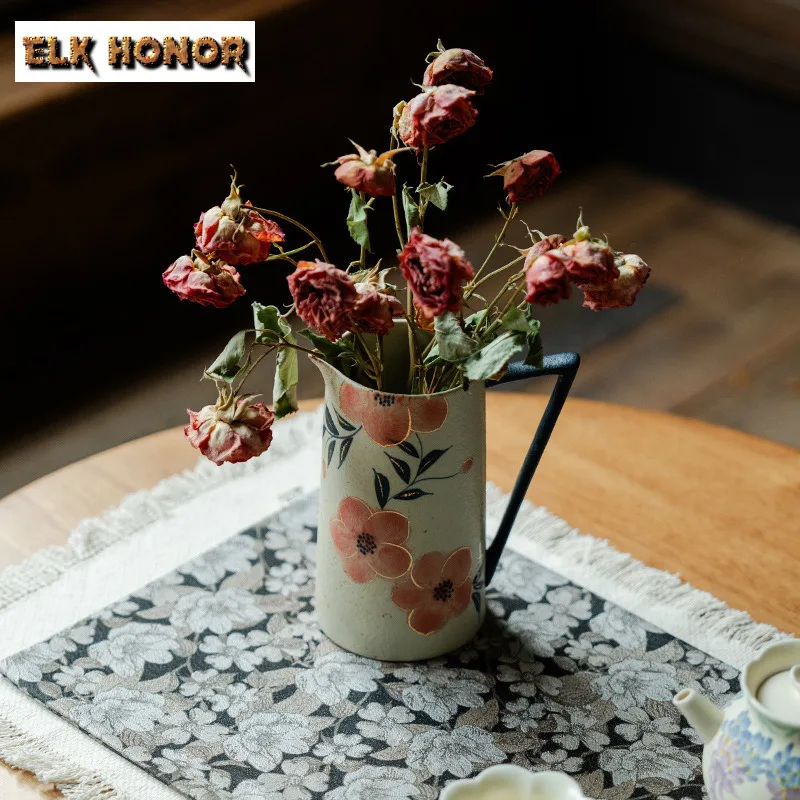 450ml Hand-painted Peach Blossom Vase Vintage Room Decor Flower Basket Plant Pot Household Flowerpot Chinese Tea Set Collection