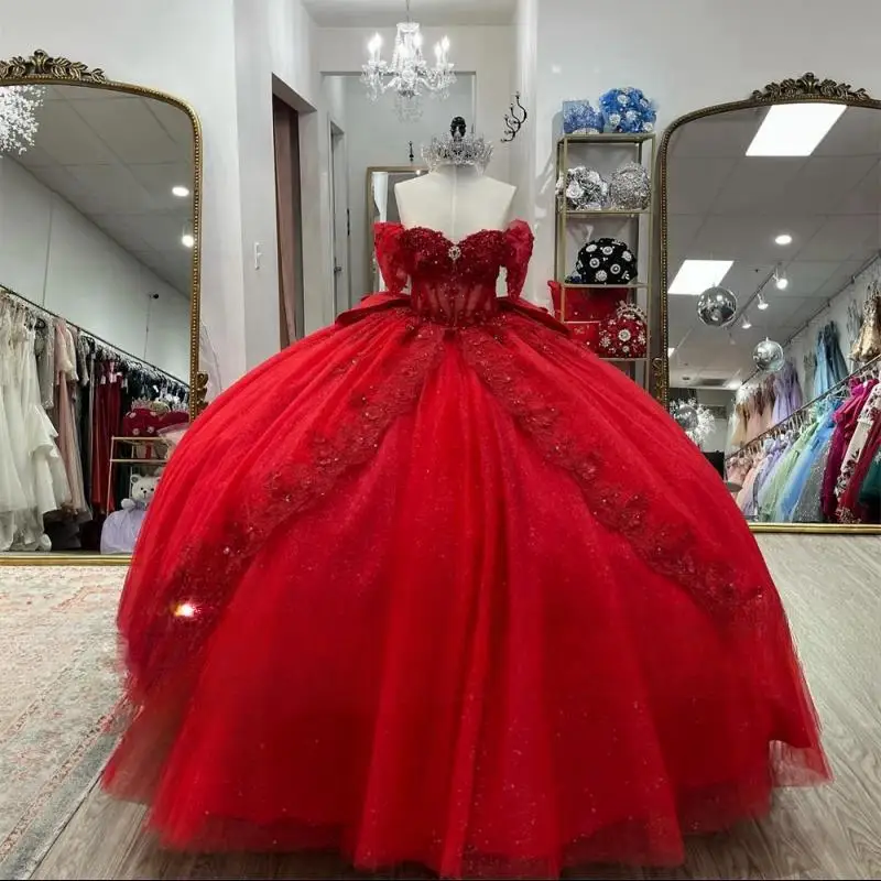 

Appealing Red 15 Years Quinceanera Dresses Beads Crystal Lace Applique Bow Ruffles Ball Gown Birthday Party Dress Customized