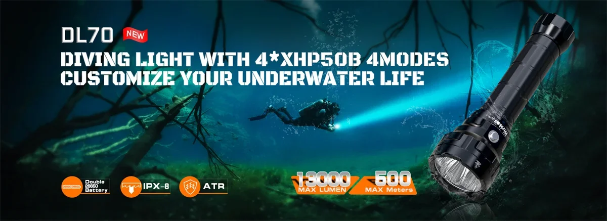 Wurkkos DL70 Tauchlampe mit einer Helligkeit von bis zu 13000 Lumen, geeignet für Tauchumgebungen wie U-Boote und Tiefseehöhlen, direkt aus unserem lokalen Lager geliefert. – Detail 1