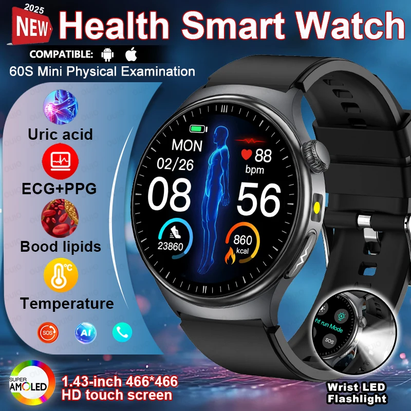 

New Uric Acid Monitoring Smart Watch ECG+PPG Blood Lipid Blood Pressure Temperature Women Menstrual Health BT Call Smart Watch