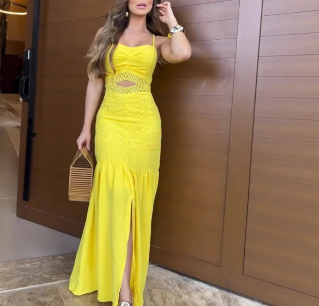 

Thin Shoulder Strap Slim Fit Holiday Style Dress for Summer Women, Elegant Solid Color Square Neck Hollow Suspender Dress