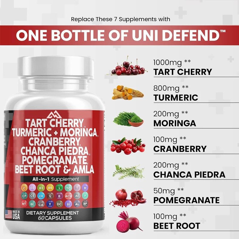 

Sour Cherry Extract 60 Capsules 20000 mg Turmeric 8000 mg Moringa 4000 mg Cranberry Celery Quercetin Selenomethionine Urea