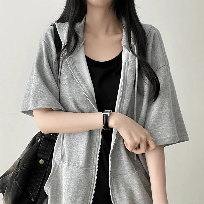 Women Zip Up Coat Oversized Sweatirt Y2k Hooded Sweater Women Loose Autumn Casual Half Sleeve Soft Coat Streetwear Hoodies 2025