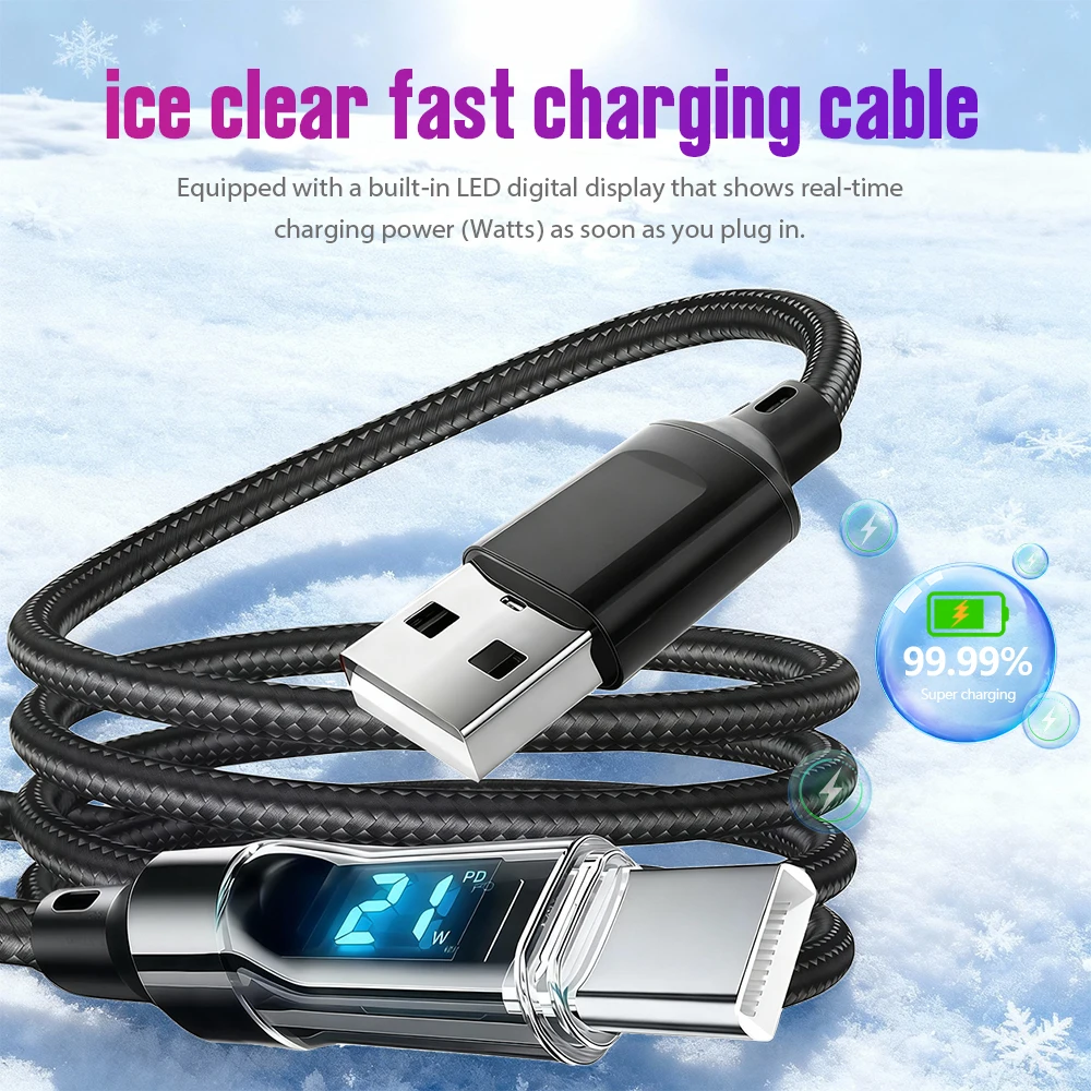 3A 60W USBA إلى النوع C كابل شحن سريع للغاية سلك بيانات نايلون لشاومي POCO سامسونج مع كابل شاشة ديجيتال Led