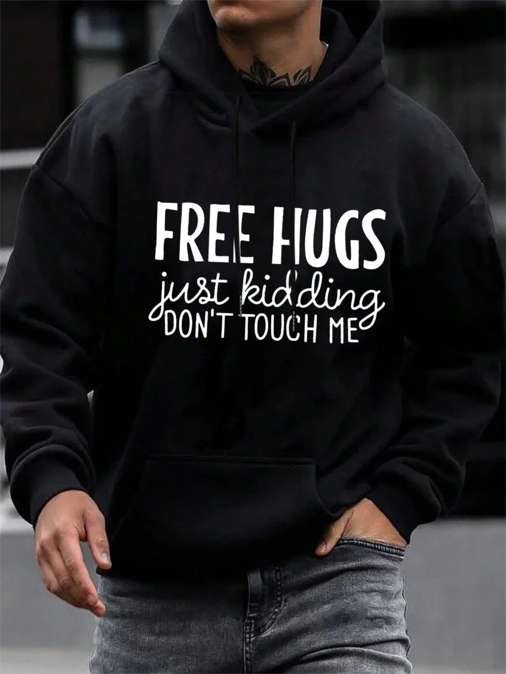 Autumn Fashion Men Hoodie Letter Free Hugs Printing Hoody Pocket Drawstring Pullover Fleece Warm Sweatshirts Comfortable Clothes